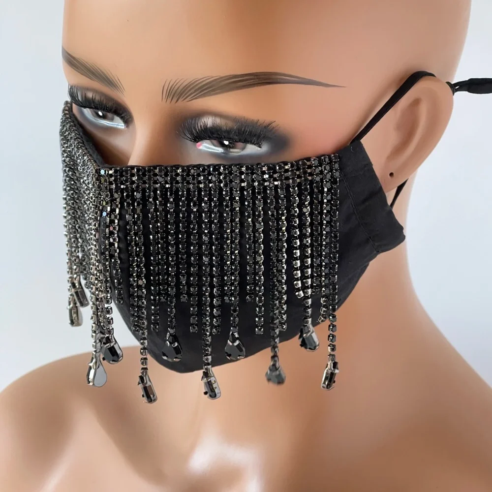 Black Jewelry Rhinestone face mask black tassel fringe dangly masks